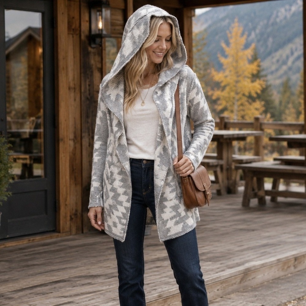 Woven Heart Gray White Southwestern Aztec Hooded Open Front Cardigan Medium